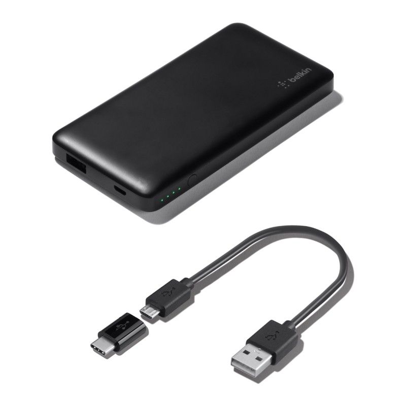 Powerbank 5000 mAh com entrada USB/micro USB e adaptador USB-C - Preto