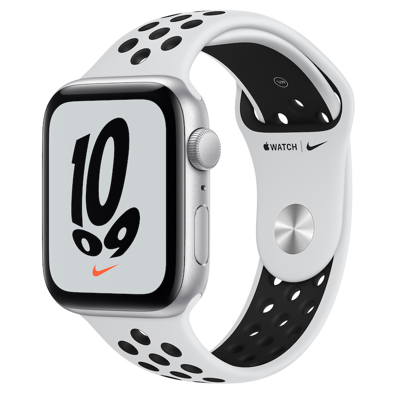 Apple Watch Nike SE, GPS 44 mm - Prateado, bracelete Nike Platina/Preto