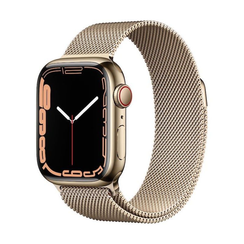 Apple Watch 7, GPS+Cellular 41 mm, aço - Dourado, bracelete milanesa dourada