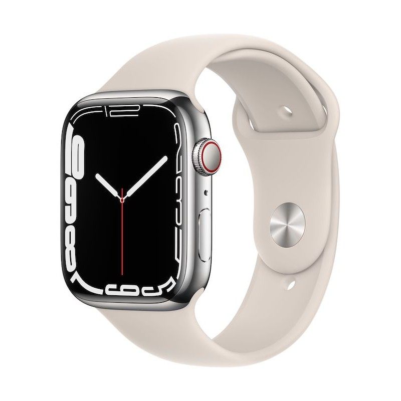 Apple Watch 7, GPS+Cellular 45 mm, aço - Prateado, bracelete desportiva luz das estrelas