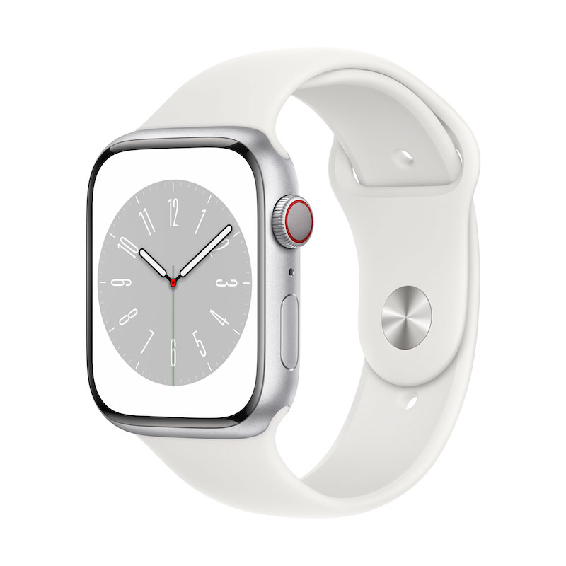Apple Watch 8, GPS+Cellular 45 mm - Alu. Prateado/Bracelete branca