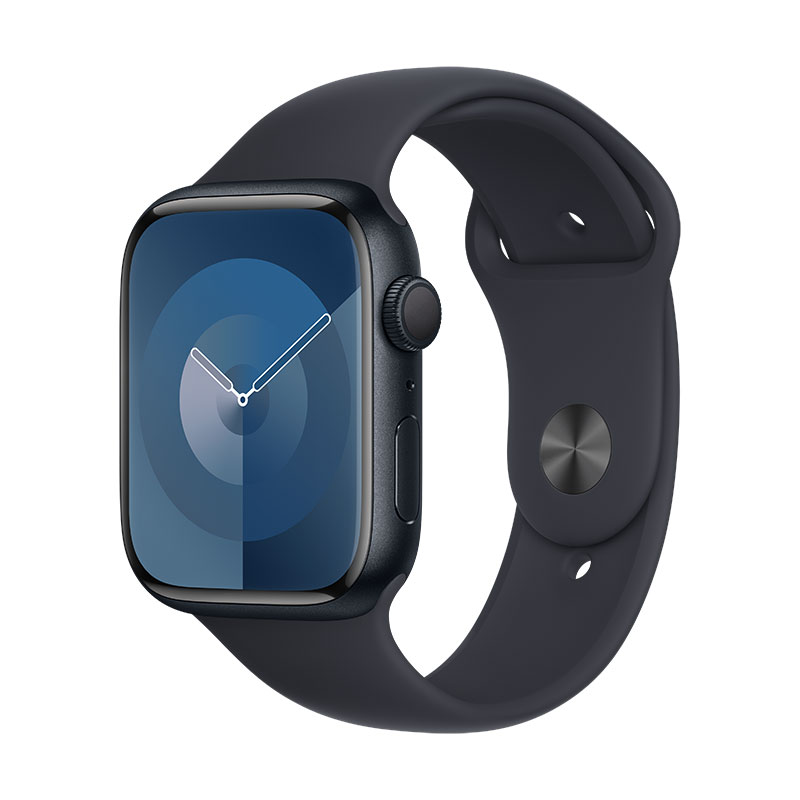 Apple Watch 9 meia-noite, 45mm - Bracelete desportiva meia-noite S/M.