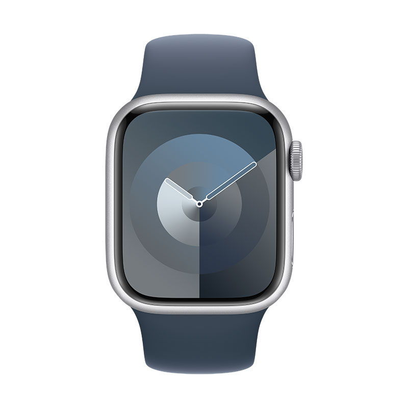 Apple Watch 9 prateado, 41mm - Bracelete desportiva azul M/L.