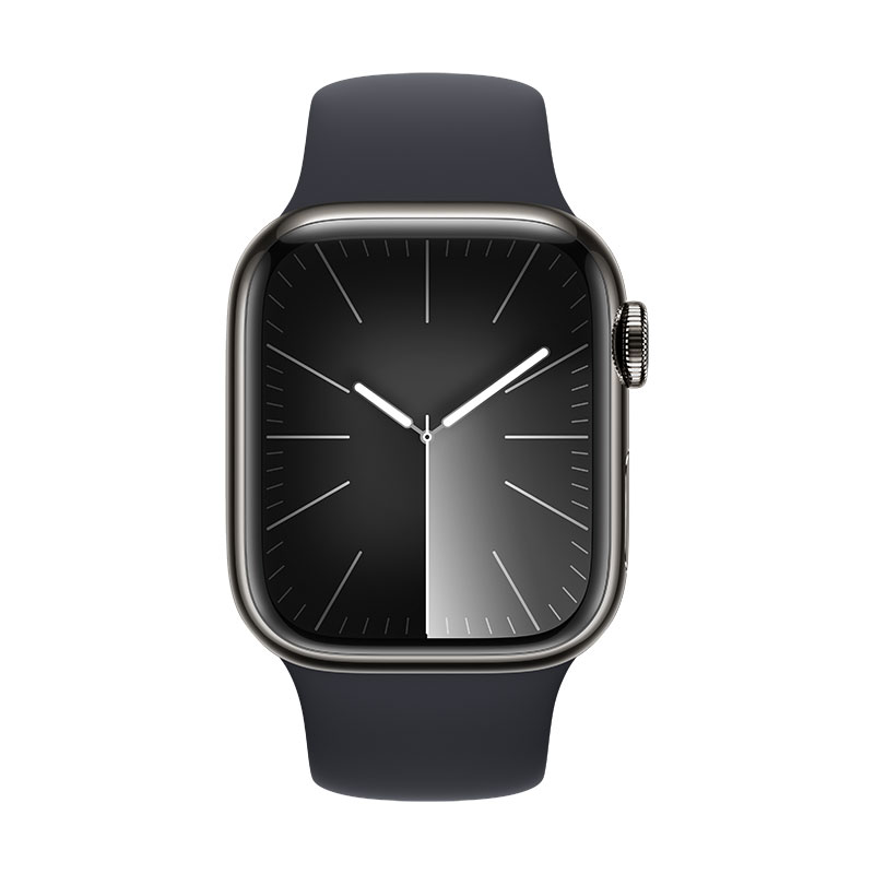 Apple Watch 9 GPS + Cell Grafite em ao, 41mm - Bracelete desportiva meia-noite M/L.