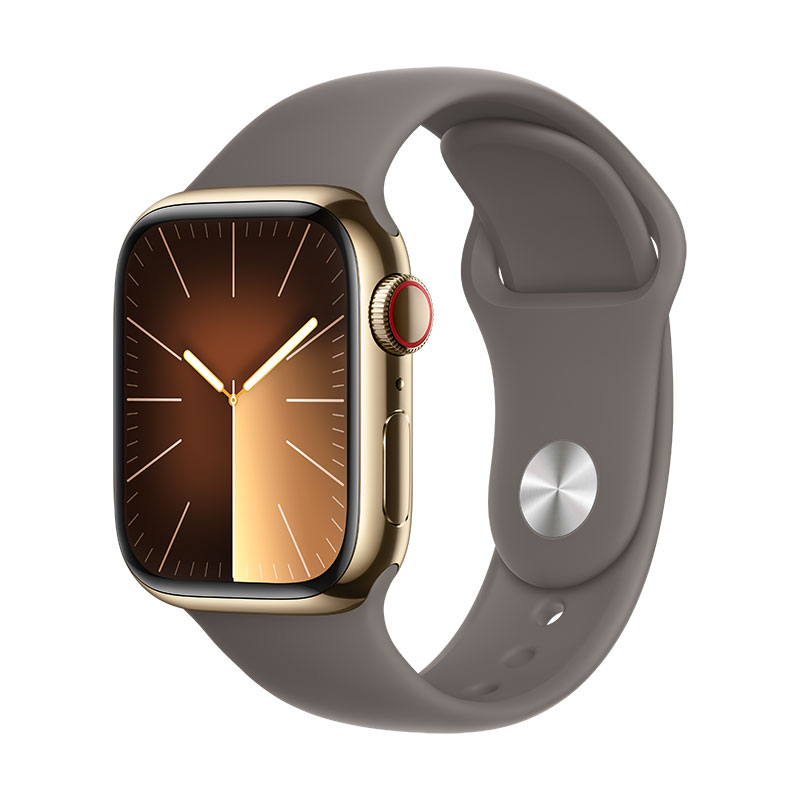 Apple Watch 9 GPS + Cell Dourado em aço, 41mm - Bracelete desportiva argila M/L