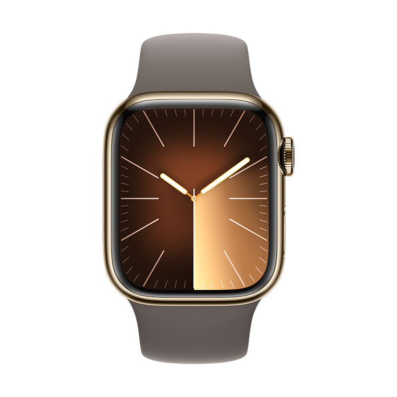 Apple Watch 9 GPS + Cell Dourado em aço, 41mm - Bracelete desportiva argila M/L