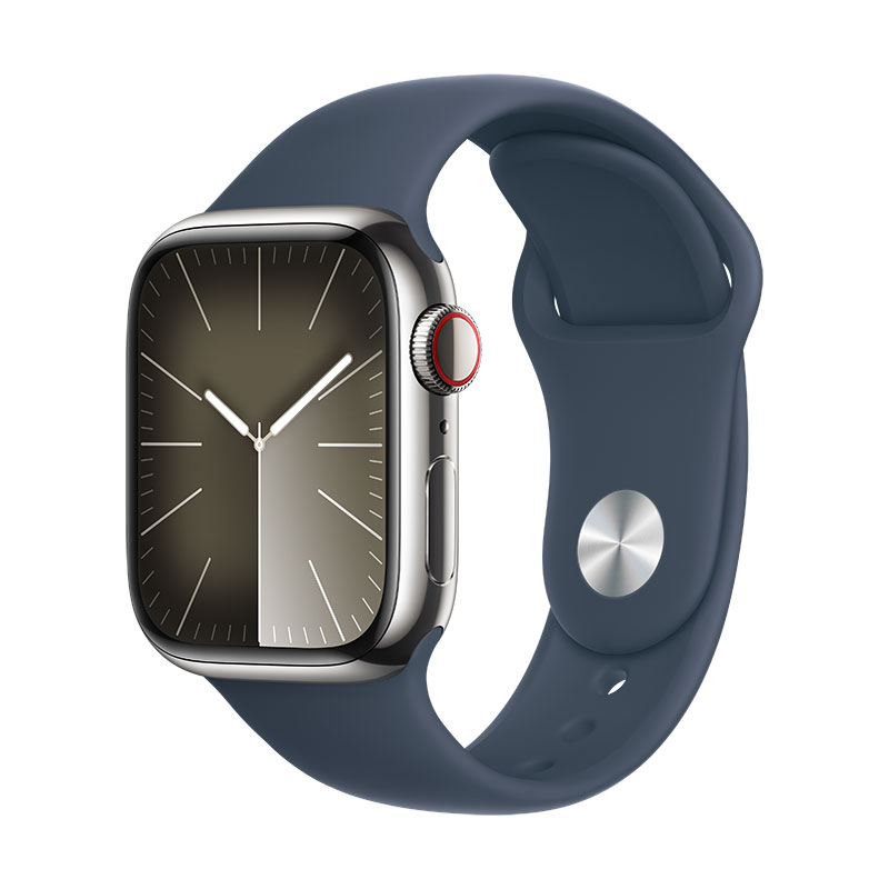 Apple Watch 9 GPS + Cell prateado em aço, 41mm - Bracelete desportiva prateada M/L
