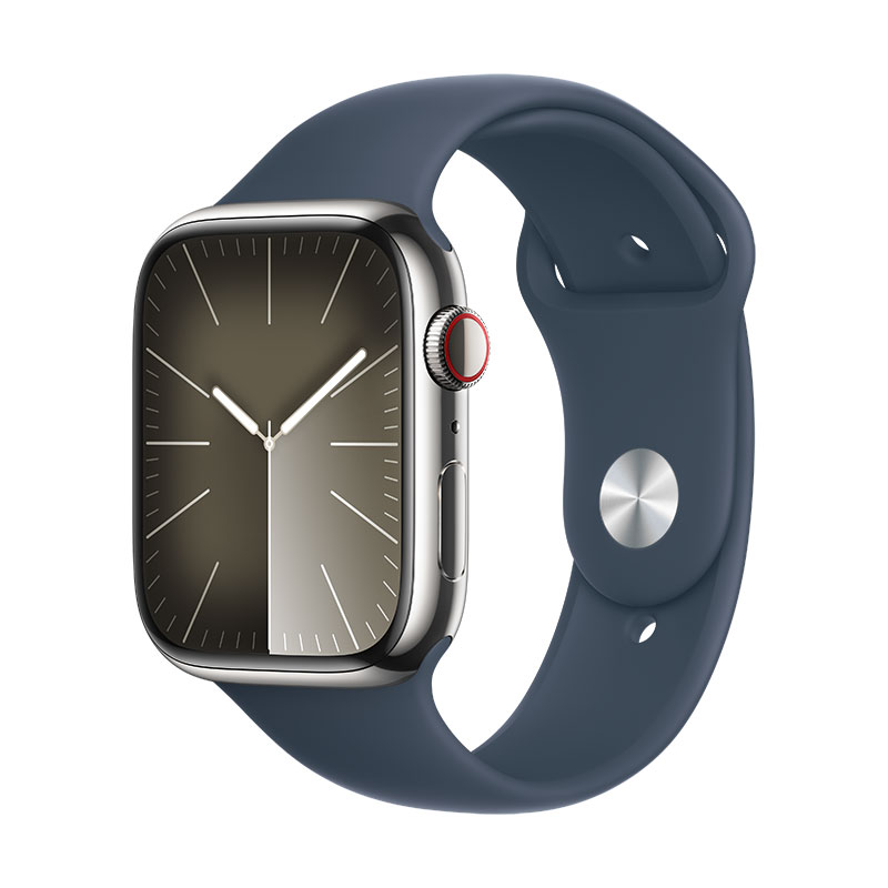 Apple Watch 9 GPS + Cell prateado em ao, 45mm + Bracelete desportiva azul S/M.