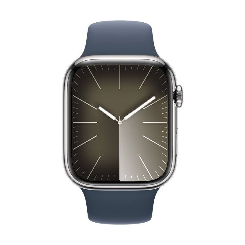 Apple Watch 9 GPS + Cell prateado em ao, 45mm + Bracelete desportiva azul M/L.