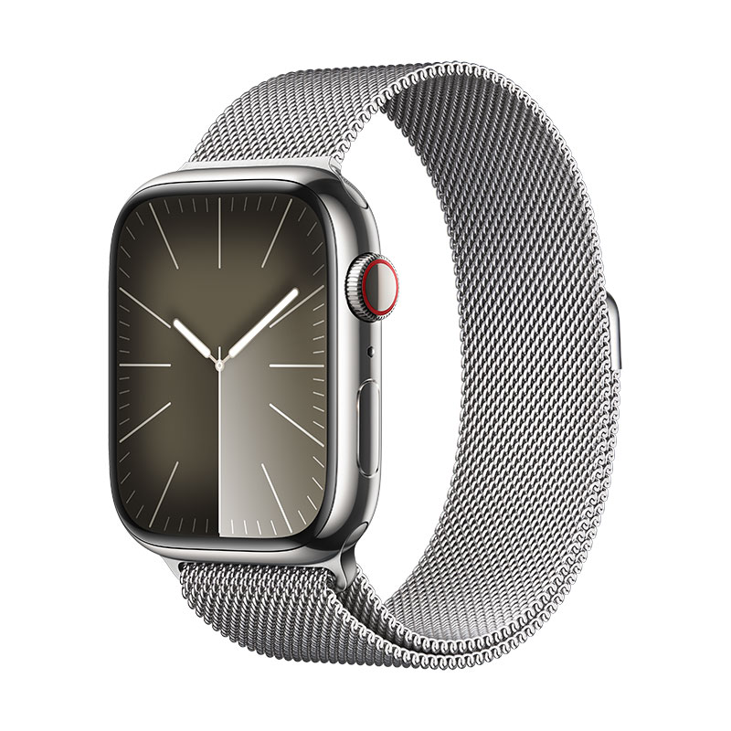 Apple Watch 9 GPS + Cell prateado em aço, 45mm + Bracelete Loop Milanesa prateada