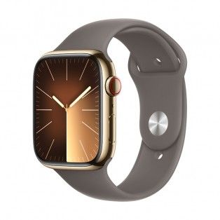 Apple Watch 9 GPS + Cell Dourado em ao, 45mm - Bracelete desportiva argila M/L.