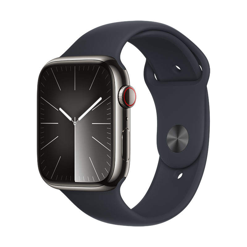Apple Watch 9 GPS + Cell grafite em ao, 45mm + Bracelete desportiva meia-noite S/M.
